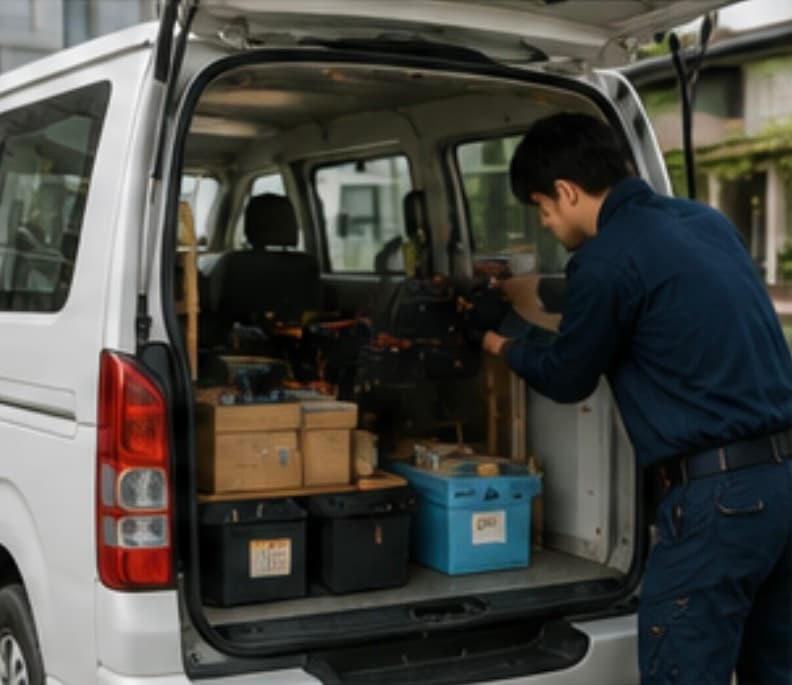 8:30に会社車両で現場へ直行する設備工事スタッフ